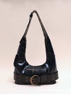 Black Leather Hobo Bag with Belt Accent